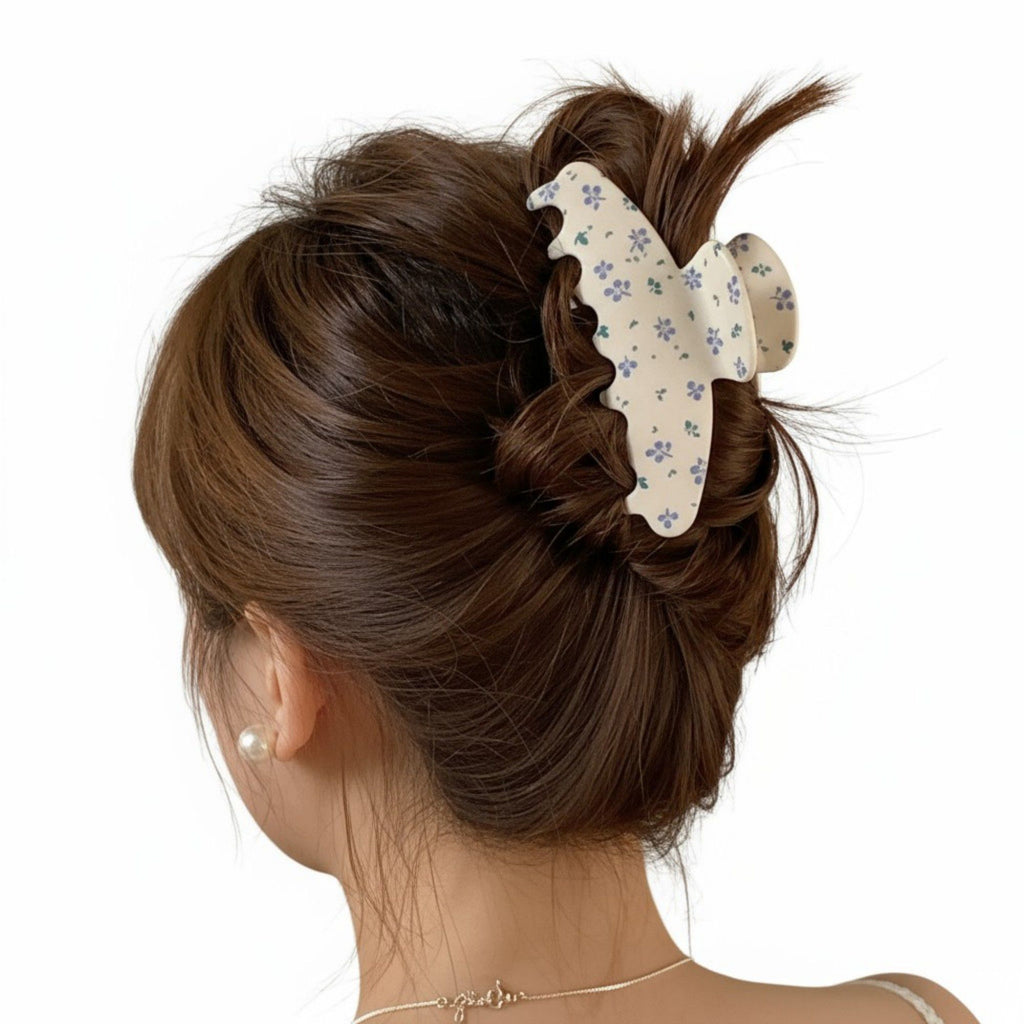 2pcs Floral Print Hair Claw Clip with Rhinestone Accents and Glossy Finish