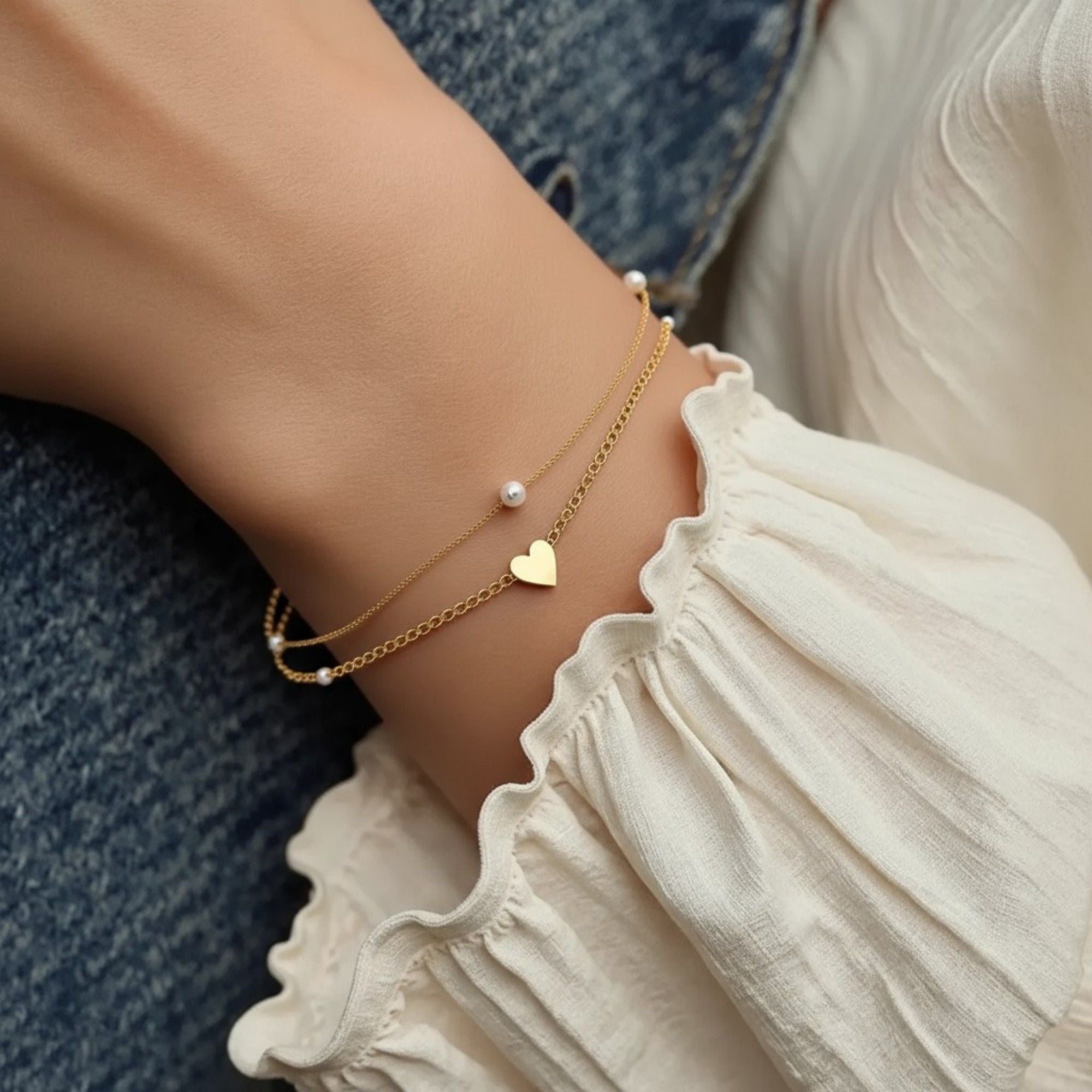 Women's Layered Necklace and Bracelet Set with Heart Charms and Pearl Accents