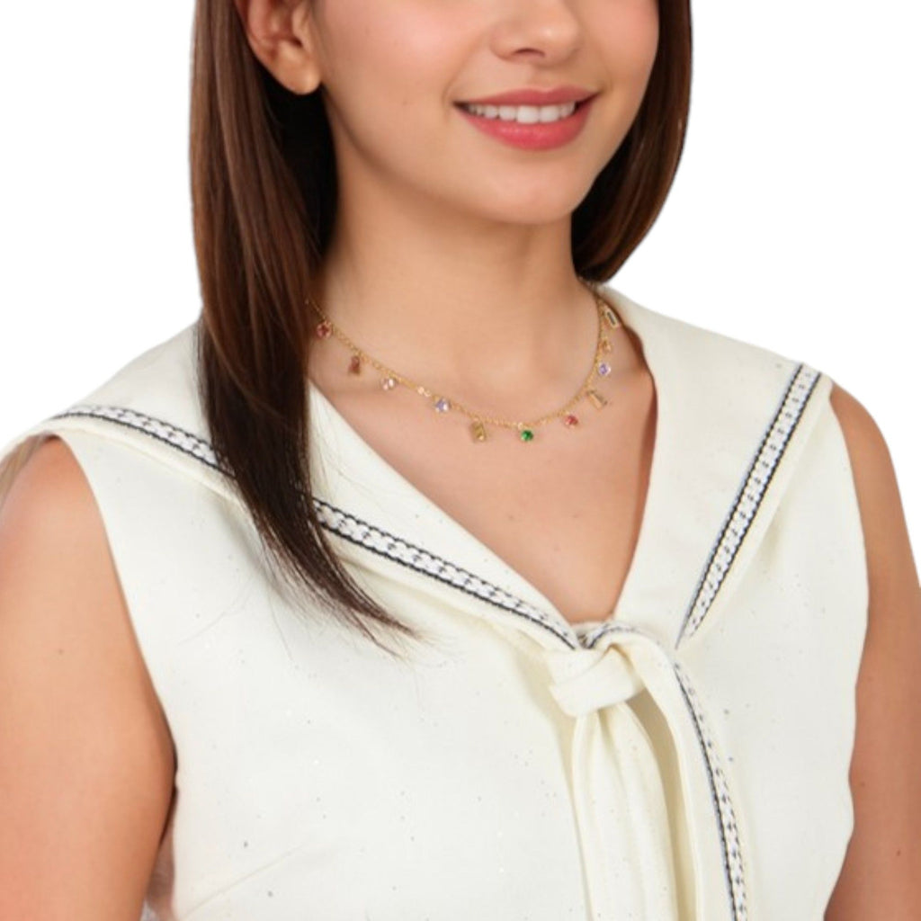 Women's Multi-Colored Gemstone Pendant Fashion Necklace on Gold Tone Chain