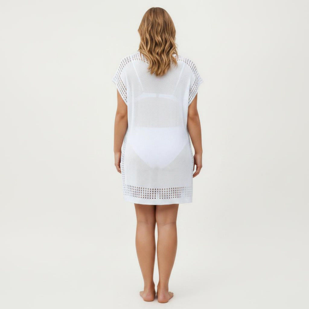 Anna-Kaci Women's Knit Swim Cover Up Dress with Tassel Tie Neck Open Knit Trim and Relaxed Short Sleeves