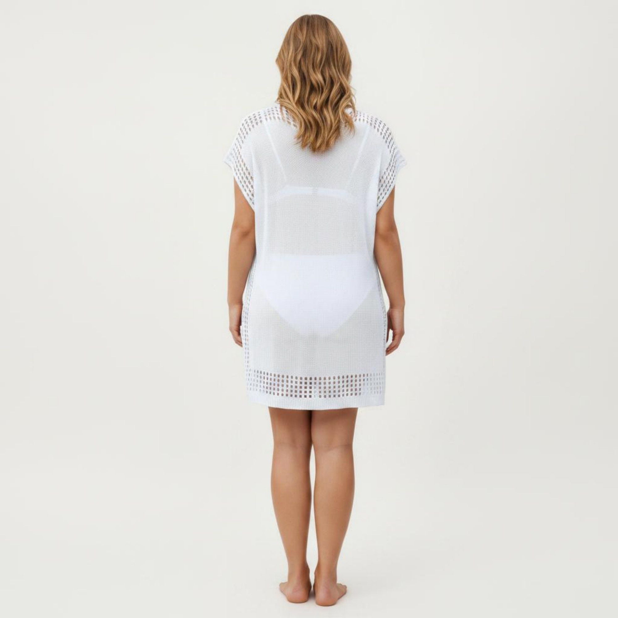 Anna-Kaci Women's Knit Swim Cover Up Dress with Tassel Tie Neck Open Knit Trim and Relaxed Short Sleeves