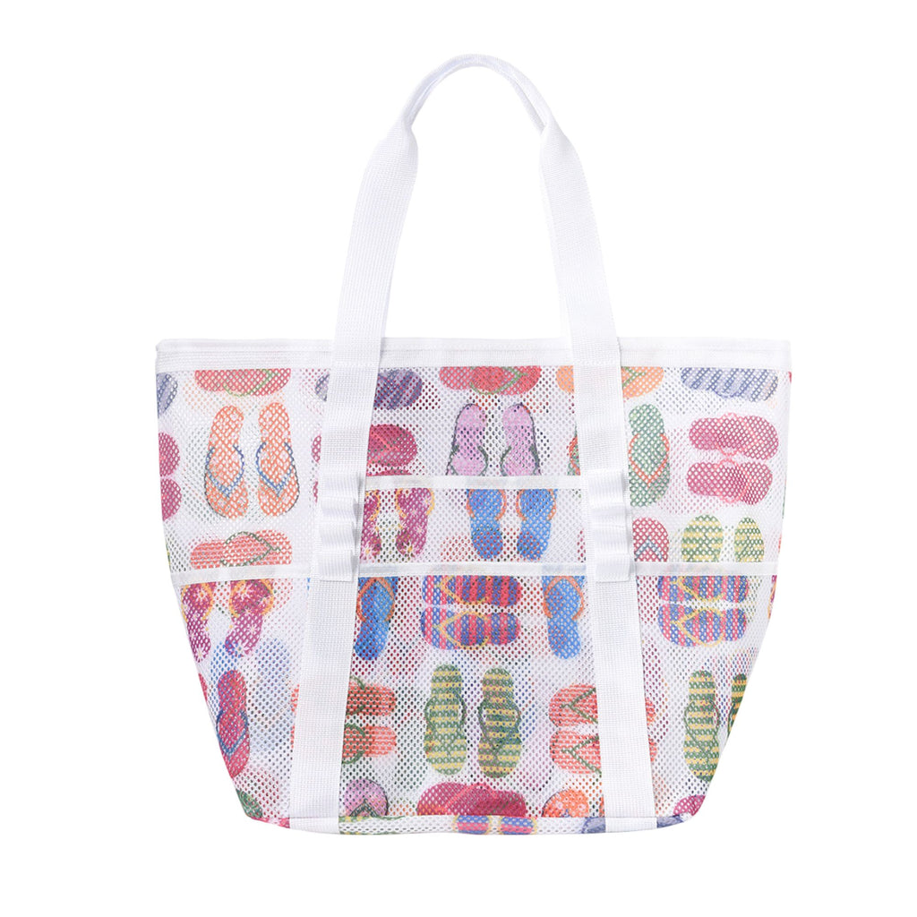 Mesh Beach Tote Bag with Beach Themed Print and Shoulder Handles
