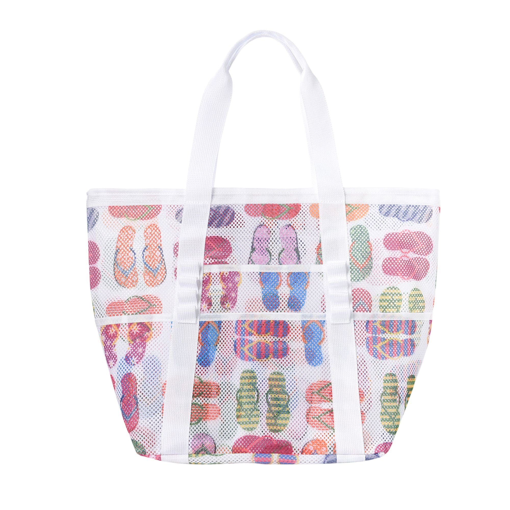 Mesh Beach Tote Bag with Beach Themed Print and Shoulder Handles