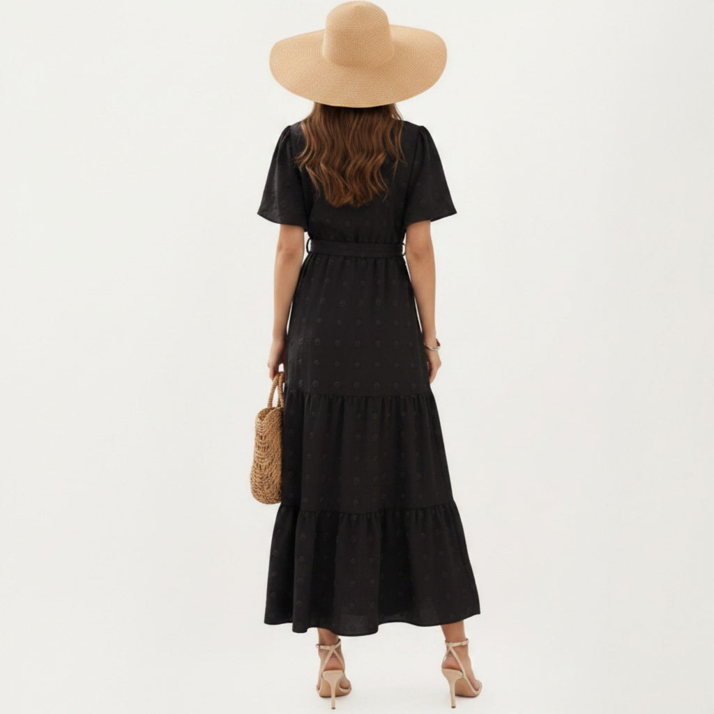 Anna-Kaci Women's Short Sleeve Maxi Dress with Wrap Front Waist Tie and Tiered Skirt