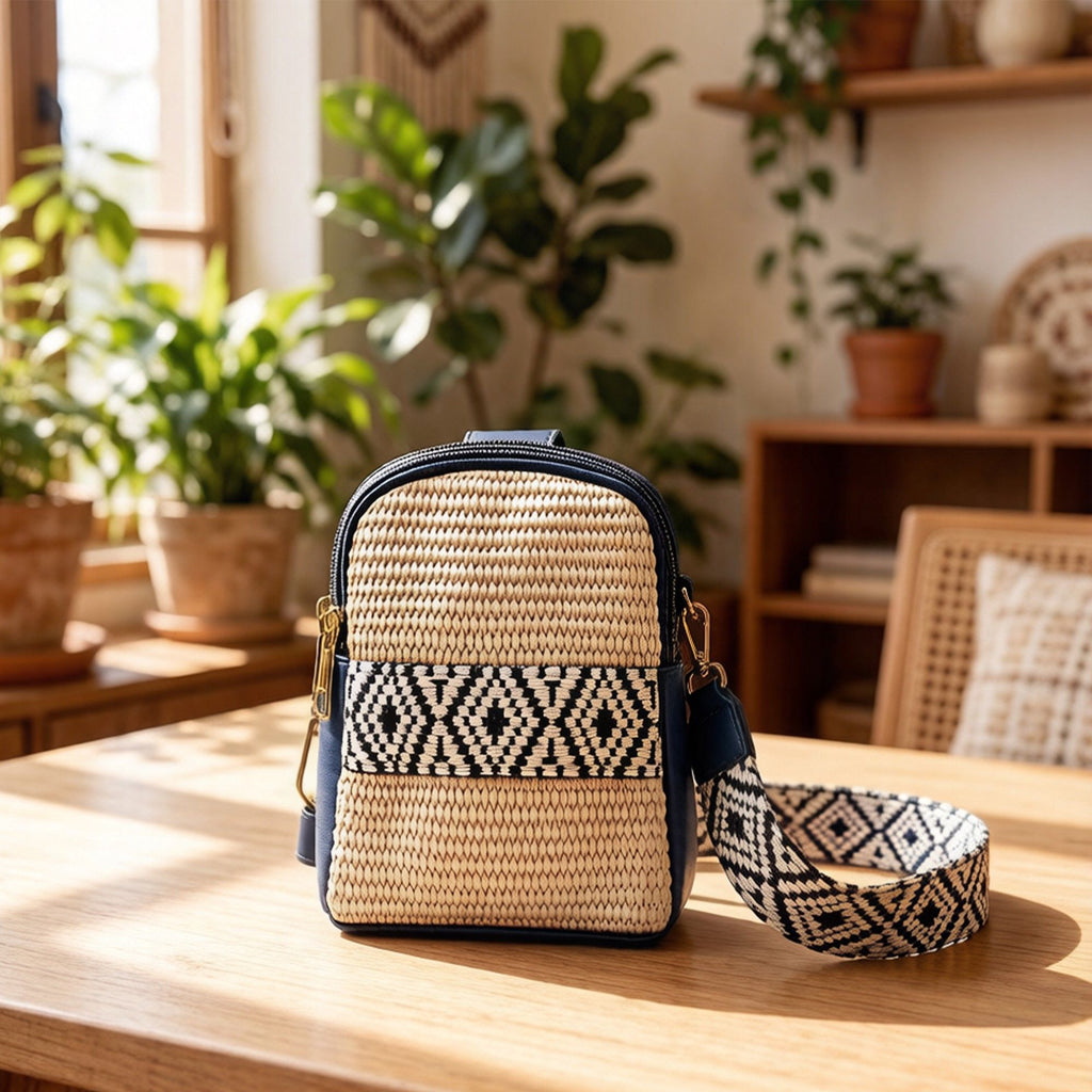 Woven Straw Crossbody Bag with Pattern Strap Small Mini Shoulder Handbag Zipper Closure
