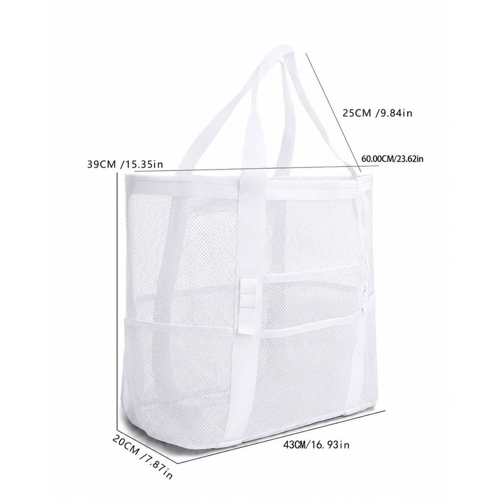 Mesh Beach Tote Bag Large Capacity Travel Shoulder Bag with Exterior Pockets Zipper Top Organizer