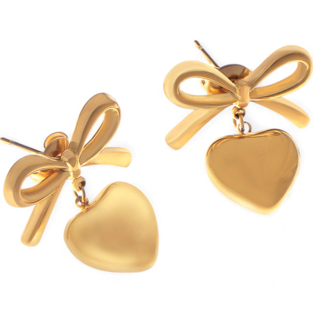 Women's Bow Dangle Heart Drop Fashion Earrings Gold Tone Playful Love Design