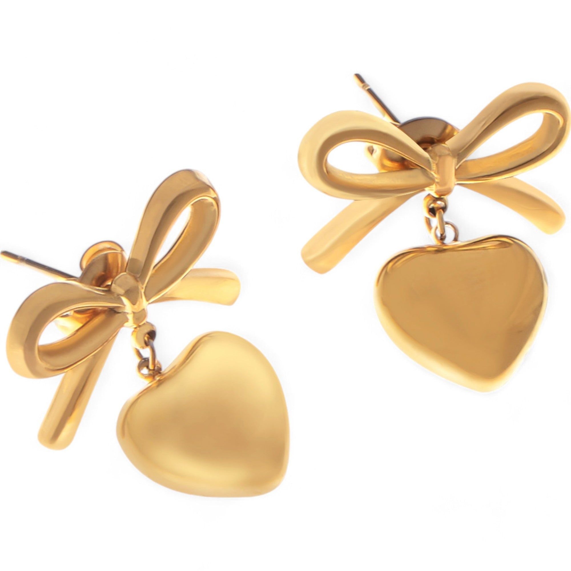 Women's Bow Dangle Heart Drop Fashion Earrings Gold Tone Playful Love Design