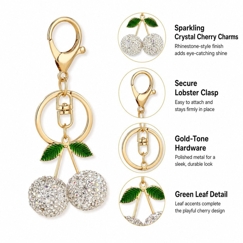 Rhinestone Cherry Bag Charm Keychain with Gold-Tone Lobster Clasp