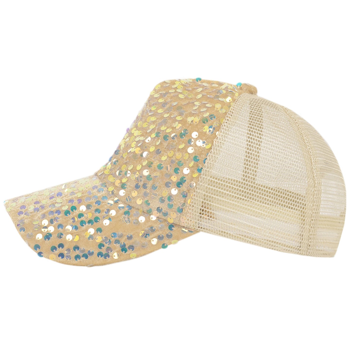 Anna-Kaci Women's Sparkly Sequin Baseball Cap Messy Low Bun Ponycap Velvet Mesh Trucker Hat