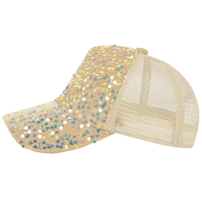 Anna-Kaci Women's Sparkly Sequin Baseball Cap Messy Low Bun Ponycap Velvet Mesh Trucker Hat