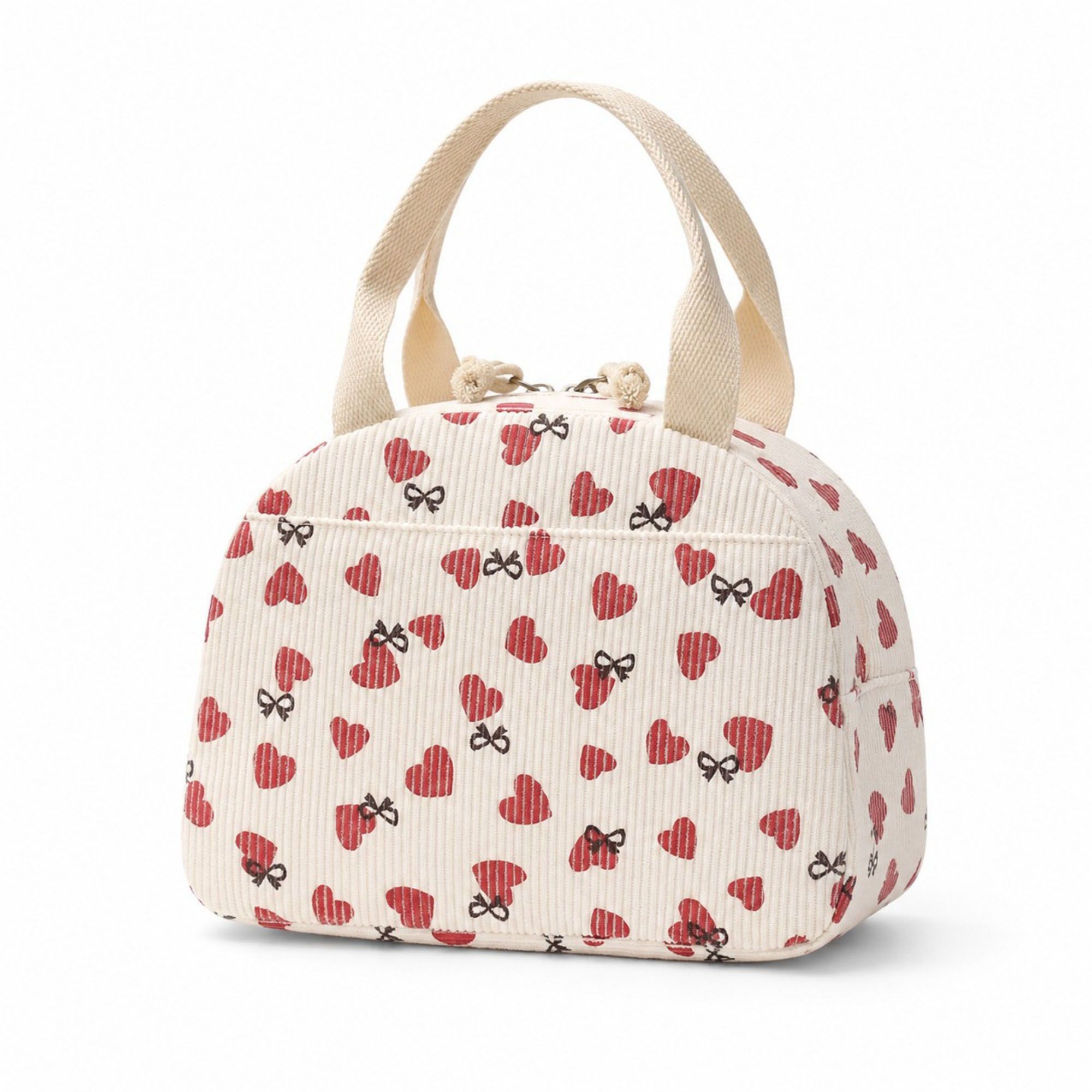 Heart Print Corduroy Insulated Lunch Bag with Handles and Zip Closure