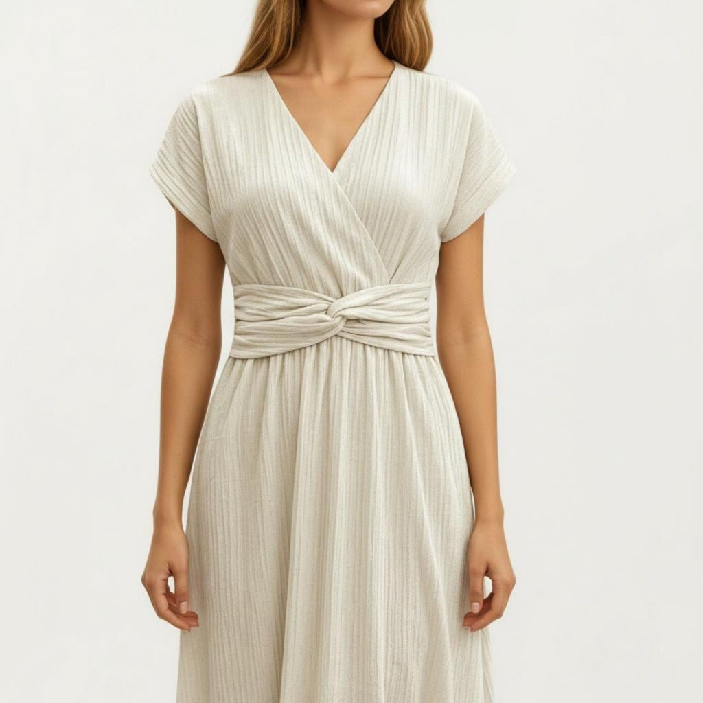 Anna-Kaci Women's Short Sleeve Midi Dress with Wrap V Neck Twist Front Waist Detail Textured Knit Flowy Fit