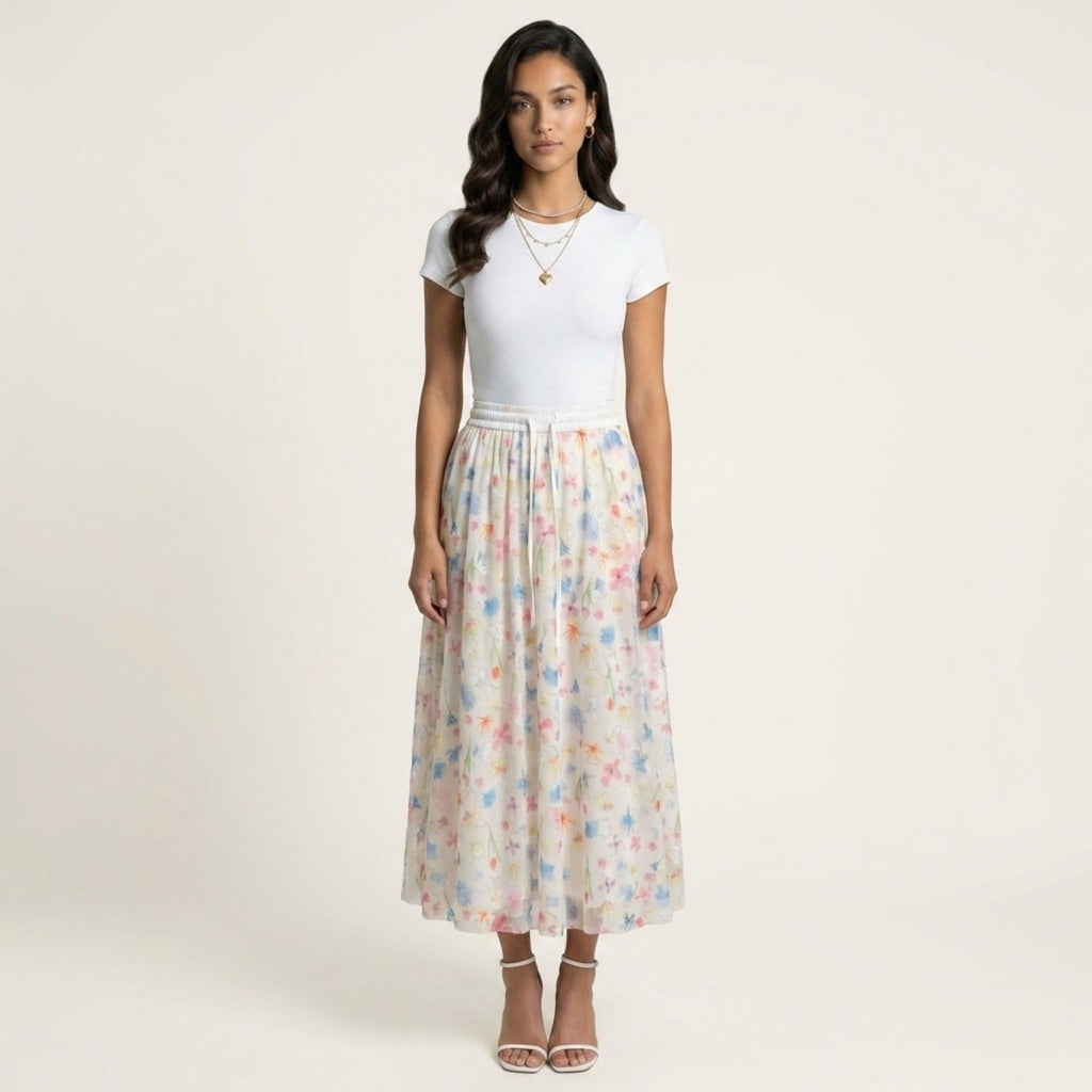 Anna-Kaci Women's Floral Midi Skirt Elastic Waist Flowy Lightweight Chiffon A Line Casual Skirt