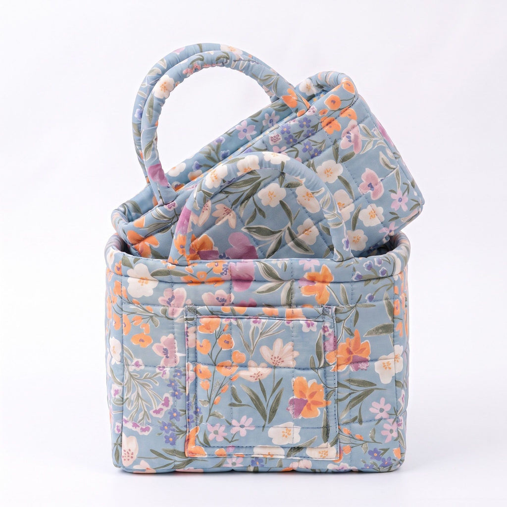 2 Piece Quilted Floral Storage Tote Set with Handles and Front Pocket