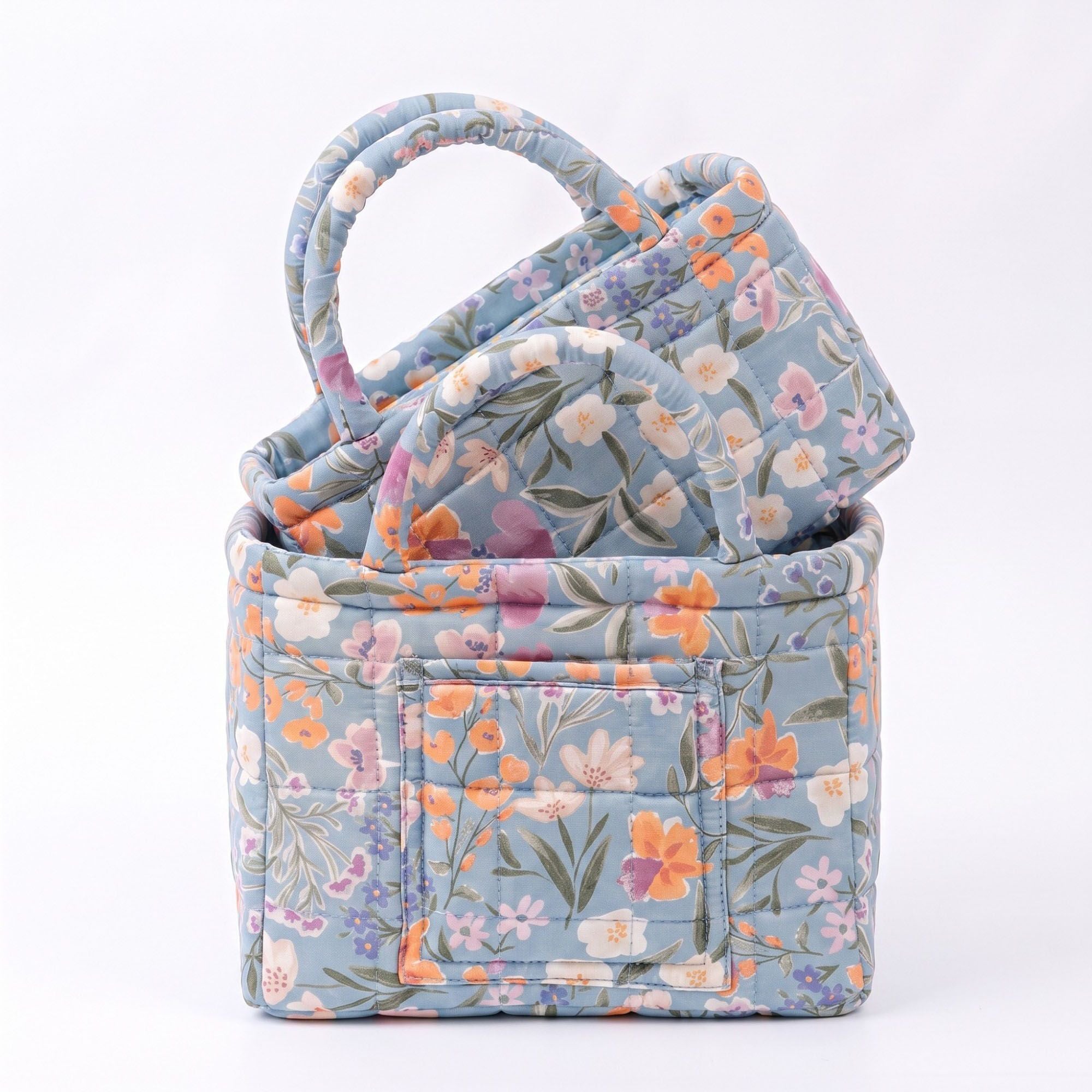 2 Piece Quilted Floral Storage Tote Set with Handles and Front Pocket