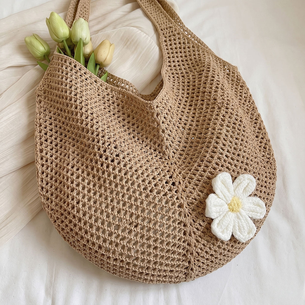 Woven Crochet Hobo Shoulder Bag Lightweight Knit Slouchy Tote with Flower Detail
