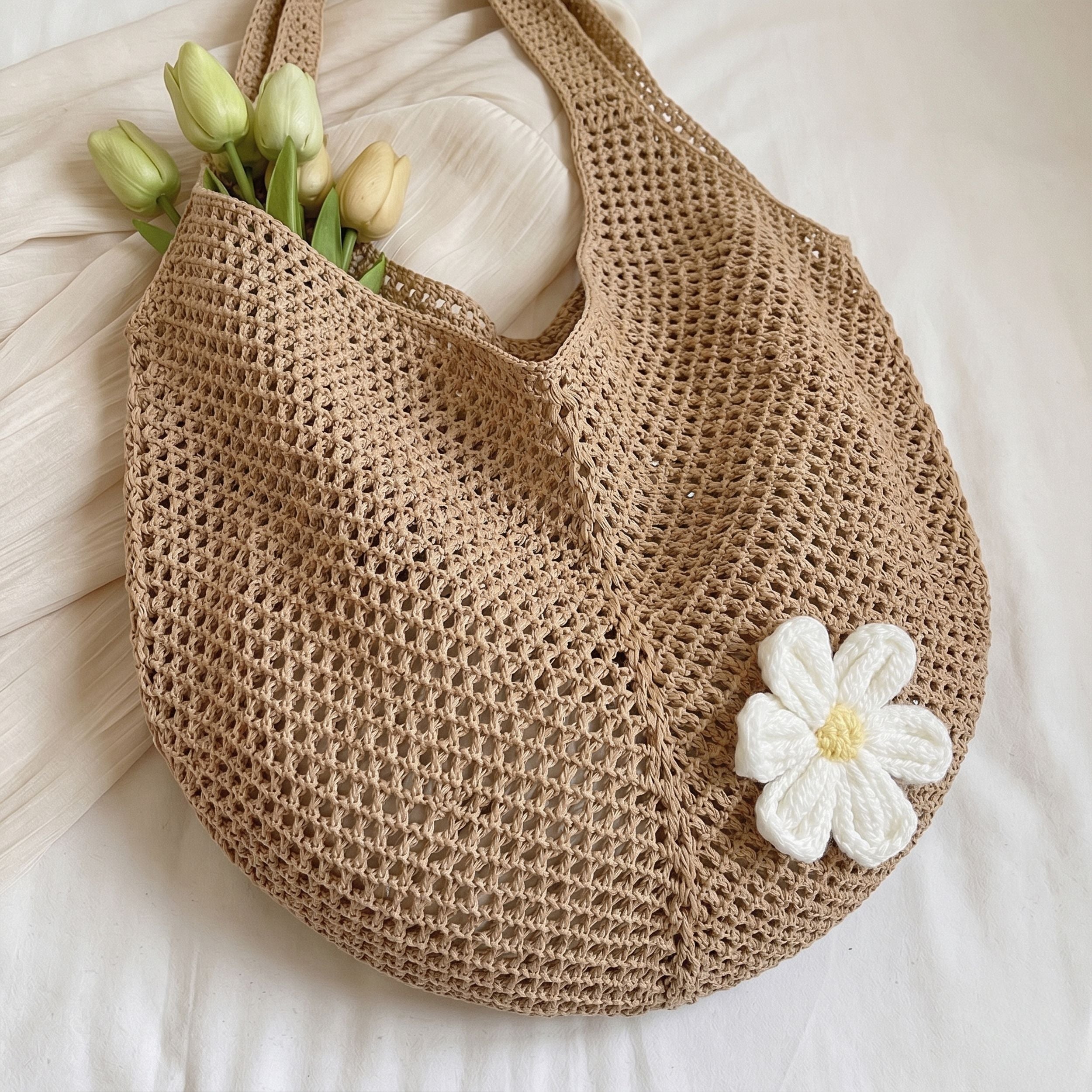 Woven Crochet Hobo Shoulder Bag Lightweight Knit Slouchy Tote with Flower Detail