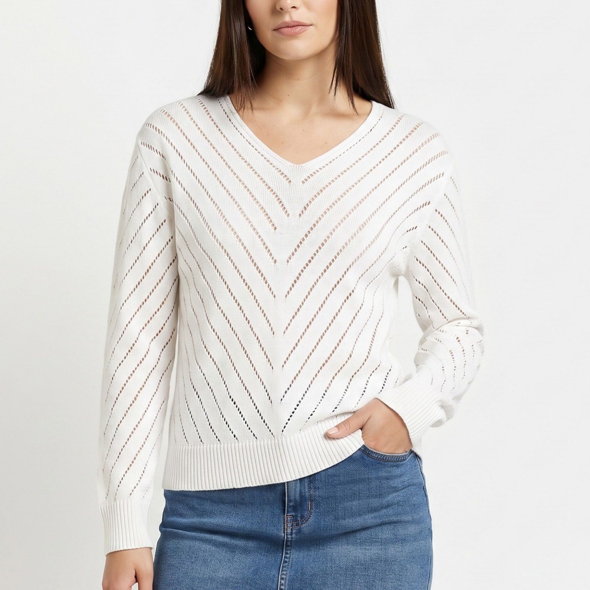 Chevron Pointelle V-Neck Long Sleeve Knit Sweater