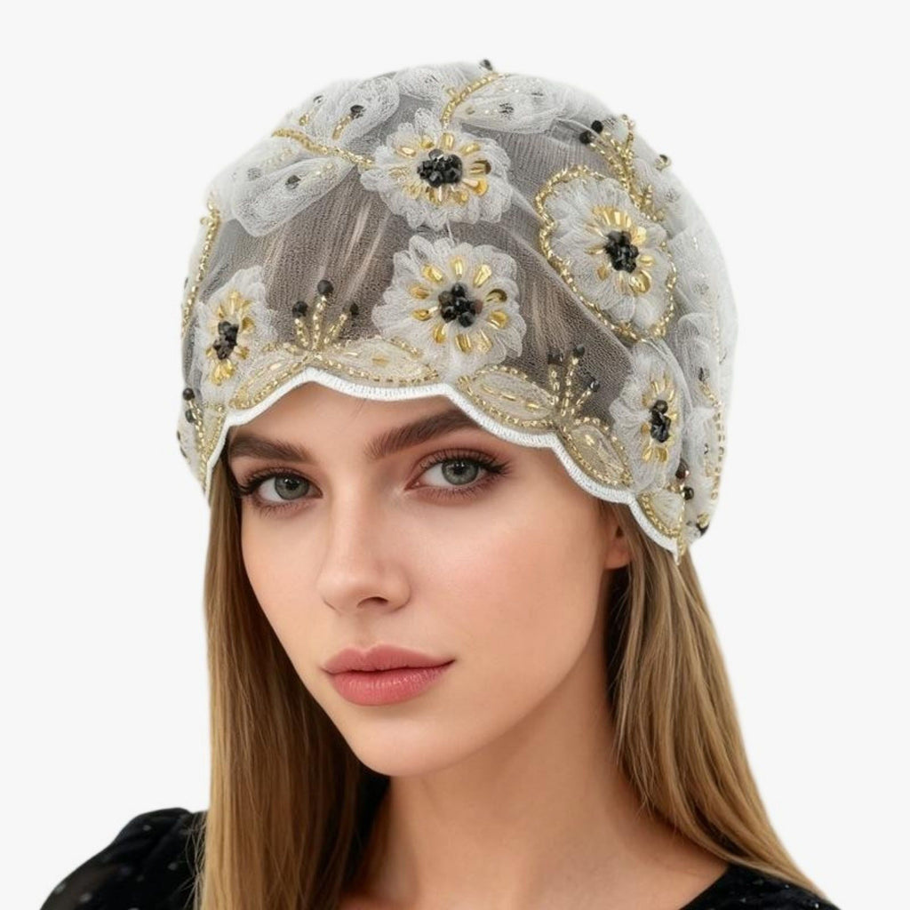 Floral Beaded Mesh Cloche Cap with Scalloped Trim