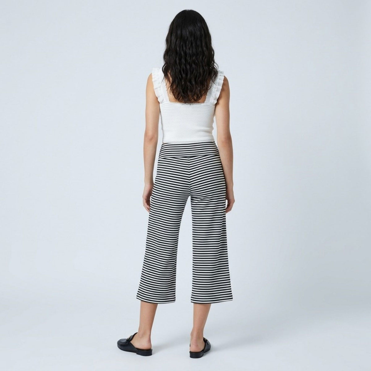 Foldover Waistband Striped Cropped Wide-Leg Trousers