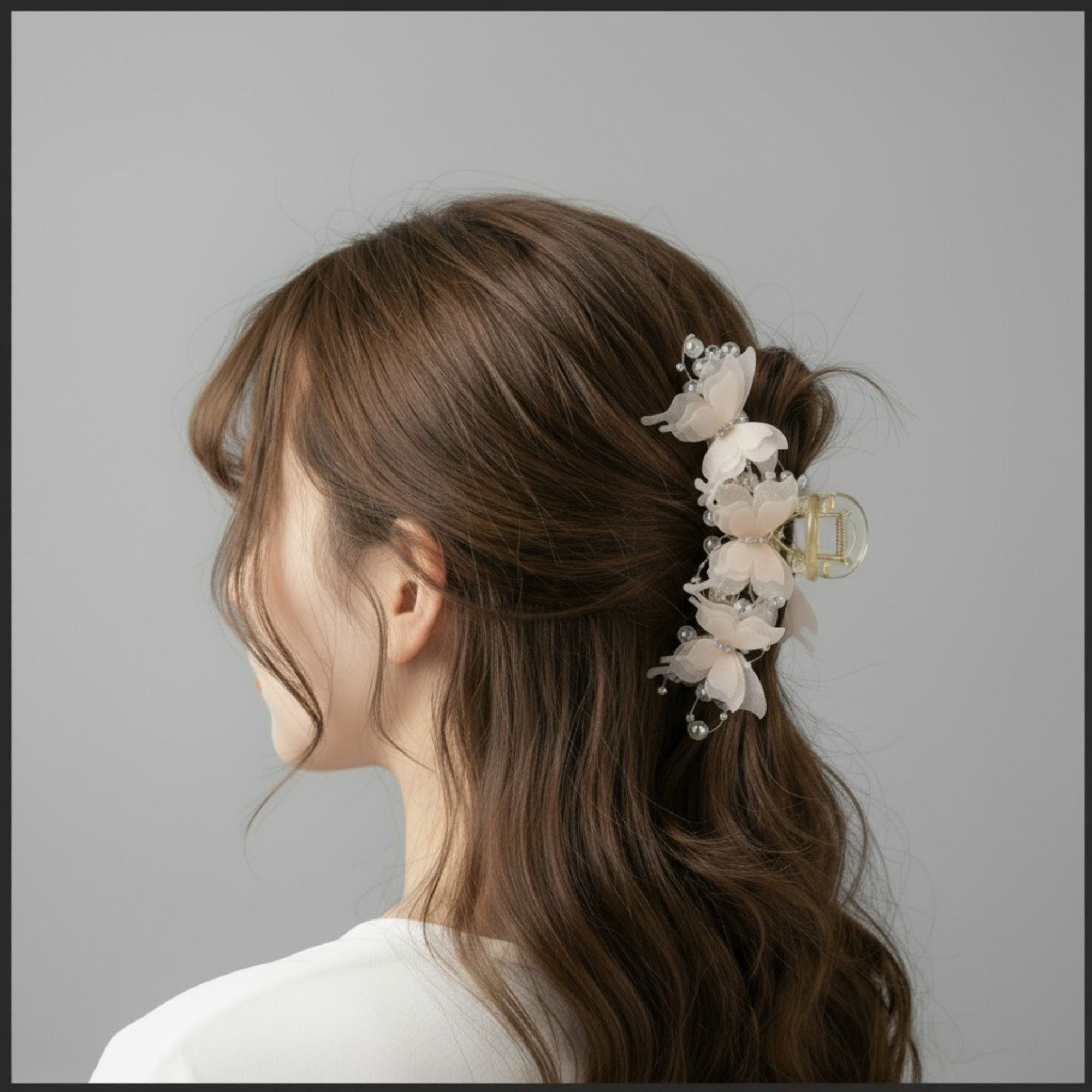 Beaded Flower Metal Hair Claw Clip with Curved Design and Textured Accents
