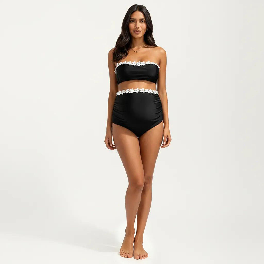 Anna-Kaci Swim Women's Maternity Bandeau Two-piece Swimsuit with Floral Trim and High-Waisted Bottom