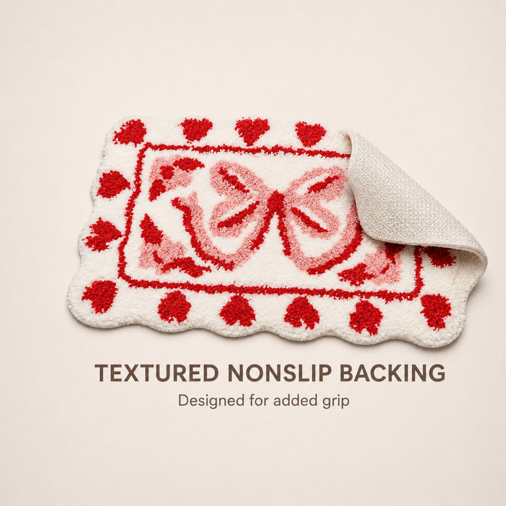 Bow and Heart Shaped Bath Mat Nonslip Accent Rug 15.7 x 23.6 Inches