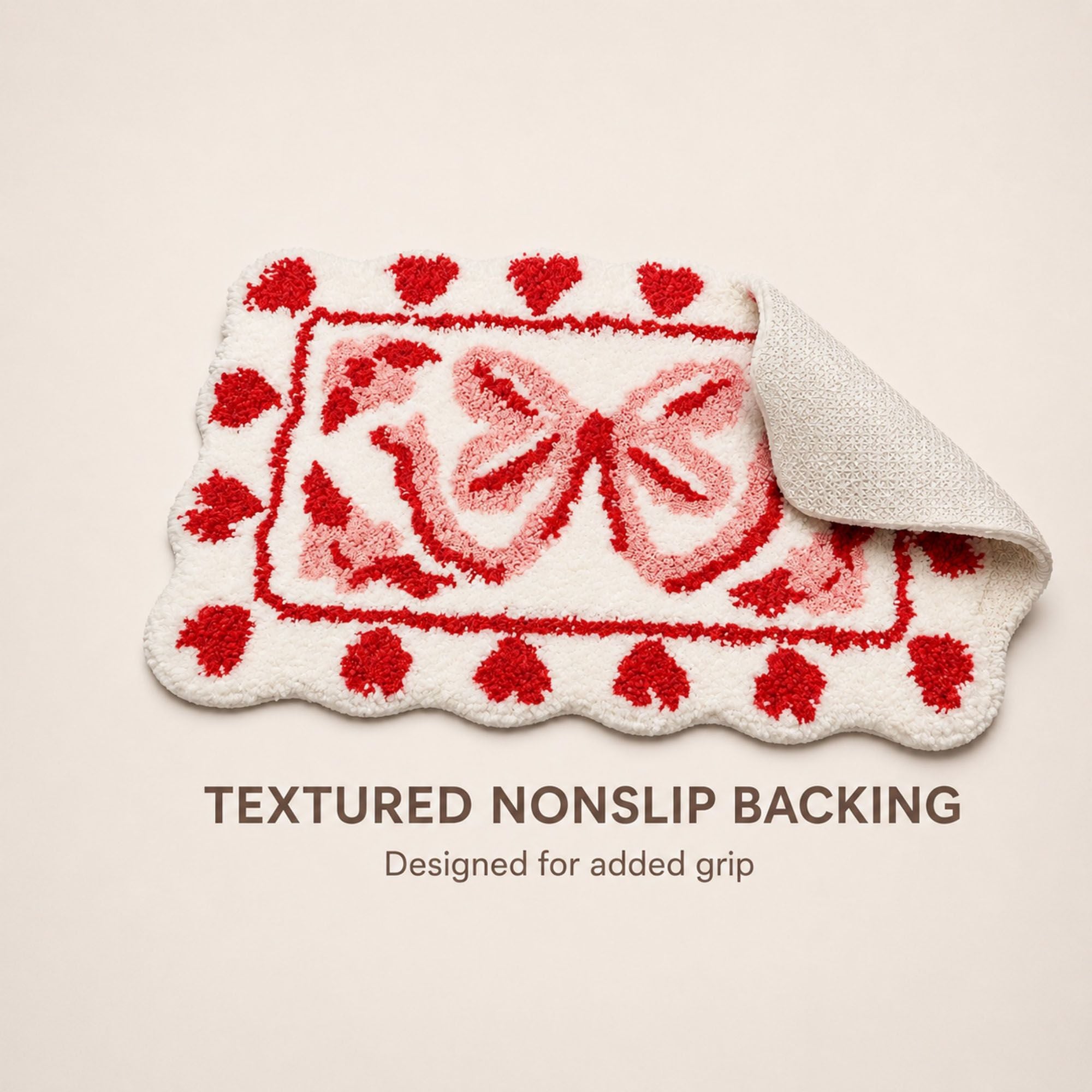 Bow and Heart Shaped Bath Mat Nonslip Accent Rug 15.7 x 23.6 Inches