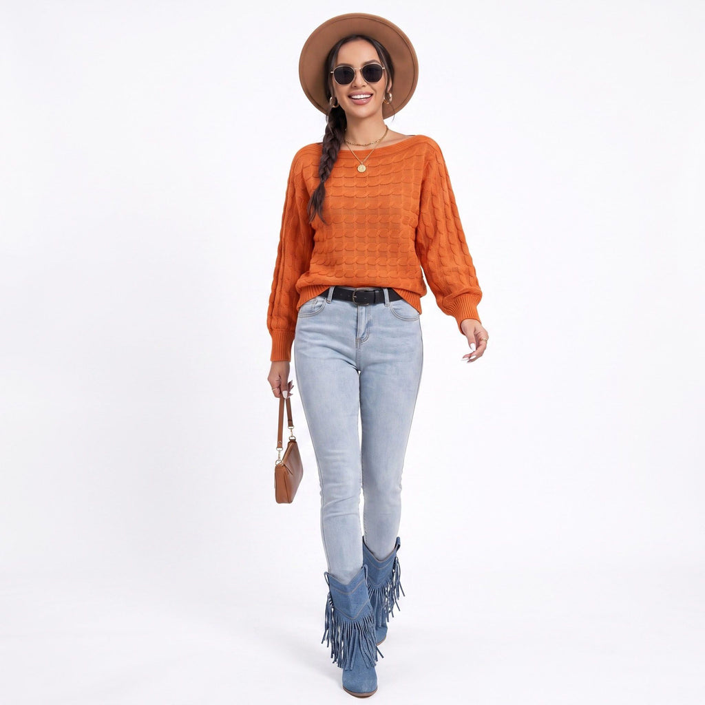 Boat Neck Cable Knit Long Sleeve Pullover Sweater