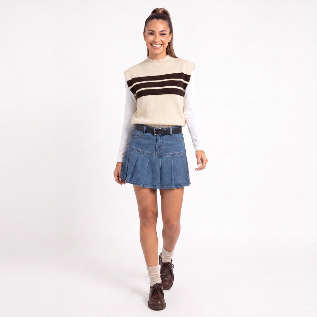 Striped Mock Neck Sleeveless Knit Sweater Vest