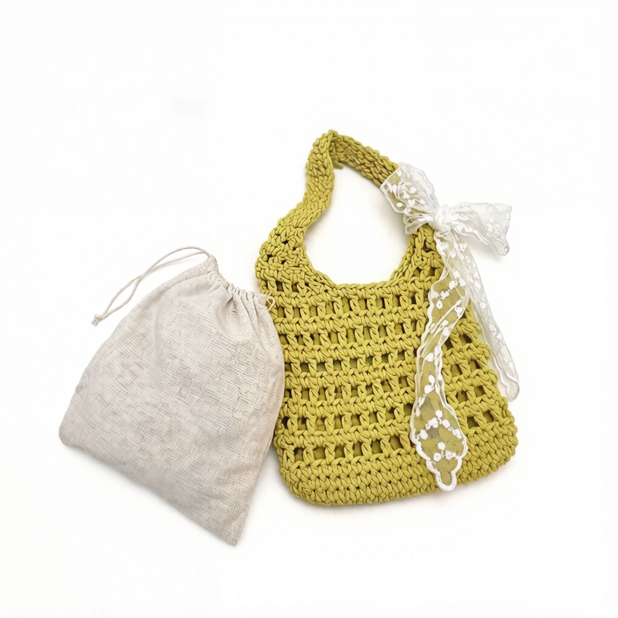 Crochet Shoulder Bag with Lace Bow Detail Knit Bucket Handbag Drawstring Lined Casual Everyday Tote