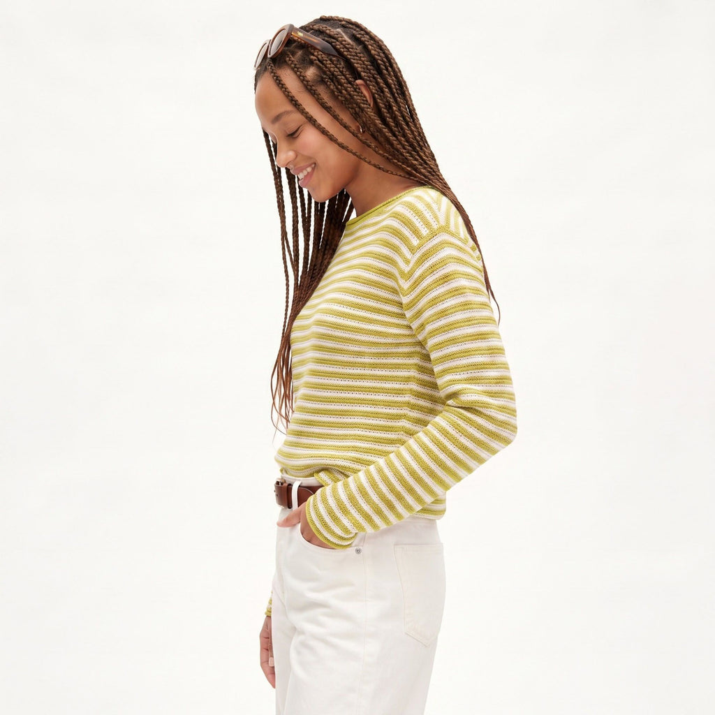 Striped Pointelle Knit Boat Neck Long Sleeve Sweater
