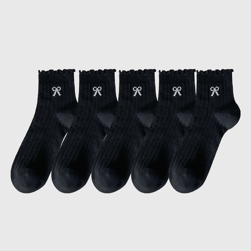 Anna-Kaci Women's Summer Ribbed Ankle Socks with Bow Embroidery 5Pk