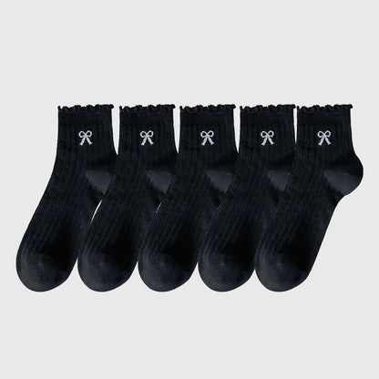 Anna-Kaci Women's Summer Ribbed Ankle Socks with Bow Embroidery 5Pk