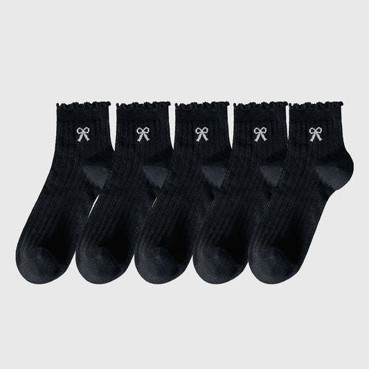 Anna-Kaci Women's Summer Ribbed Ankle Socks with Bow Embroidery 5Pk