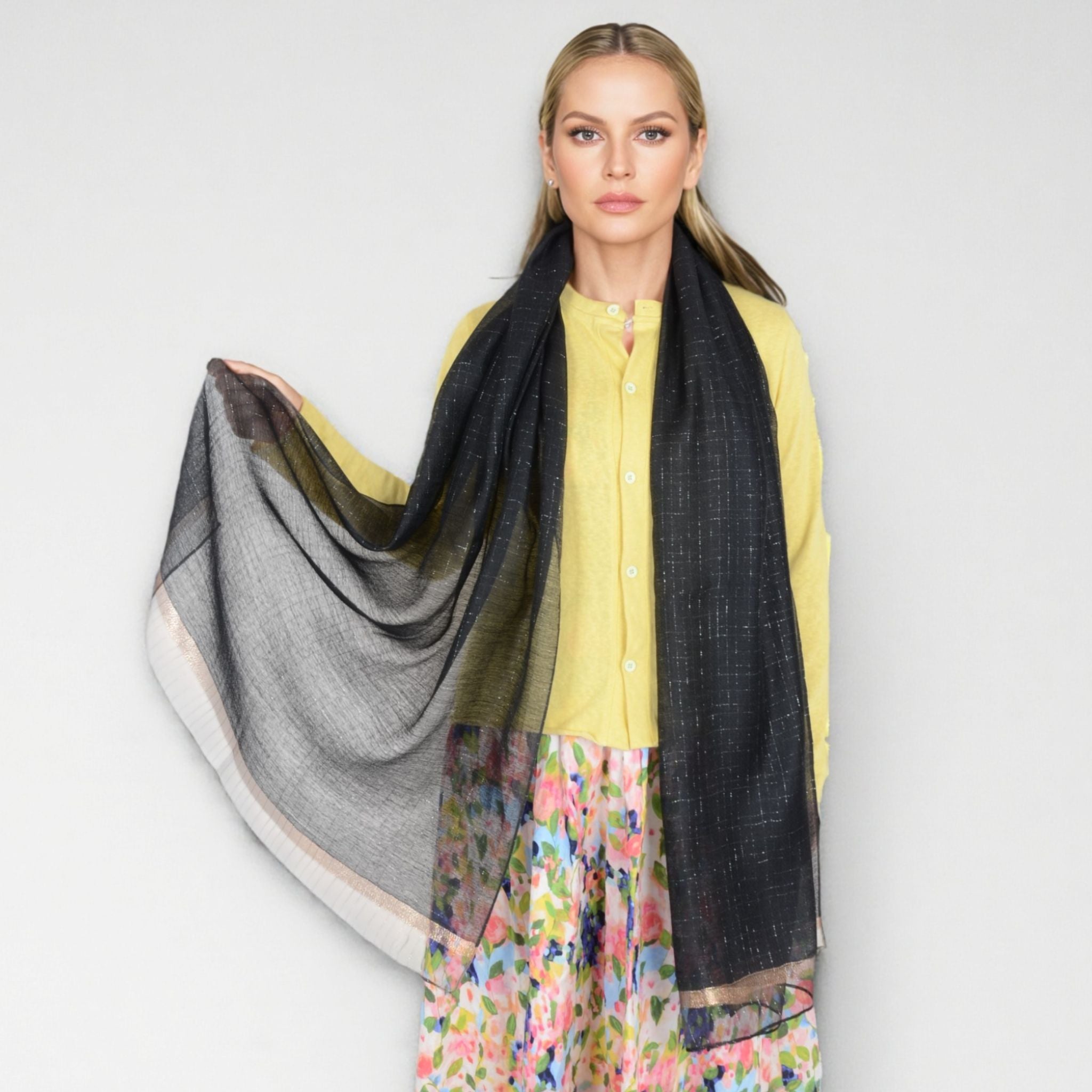 Anna-Kaci Women's Lightweight Sheer Scarf with Subtle Metallic Thread Detail Elegant Long Wrap Accessory