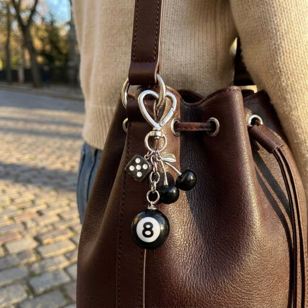 8 Ball Cherry Dice Charm Keychain with Heart Clip Novelty Bag Charm Key Ring Accessory