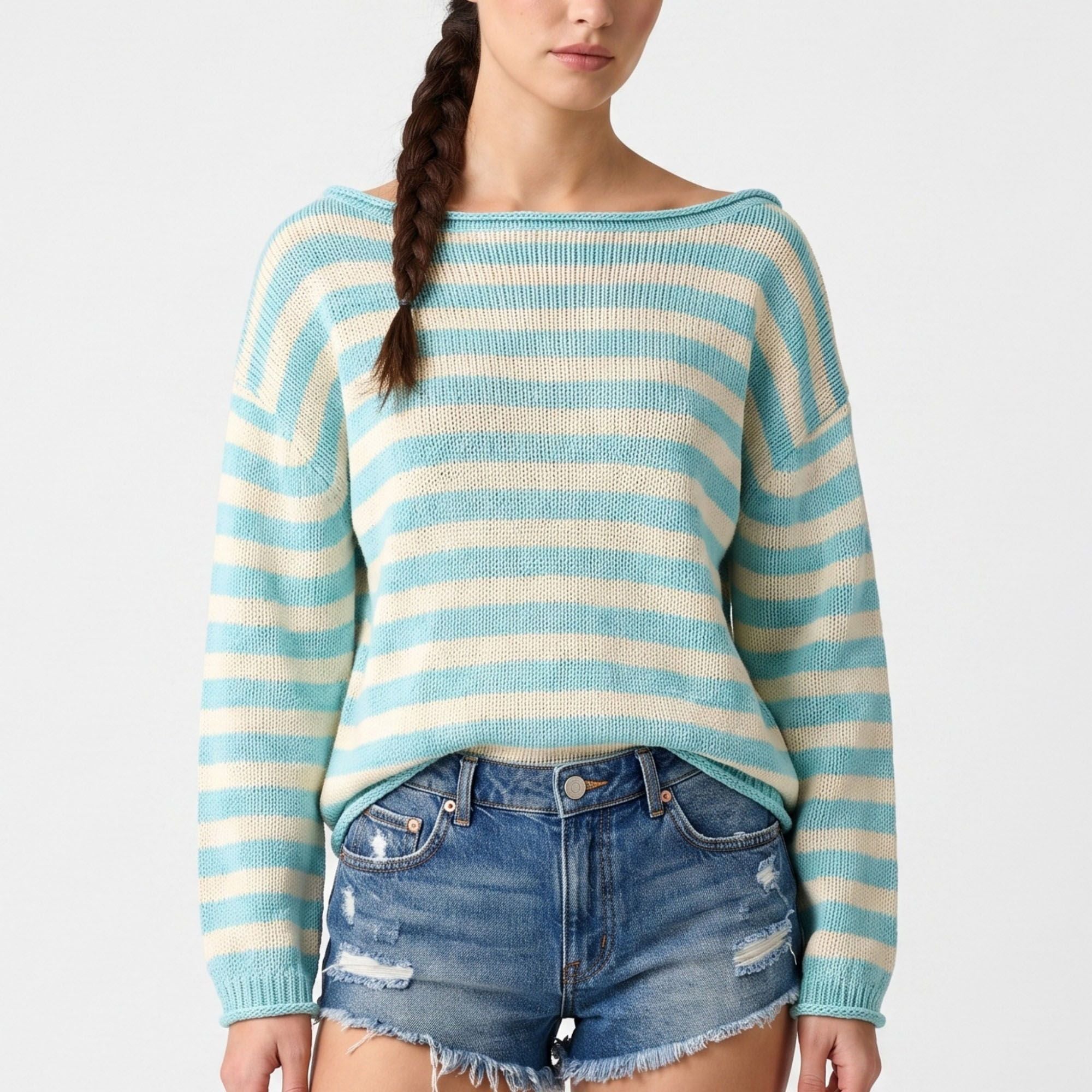 Striped Boat Neck Drop Shoulder Long Sleeve Knit Sweater