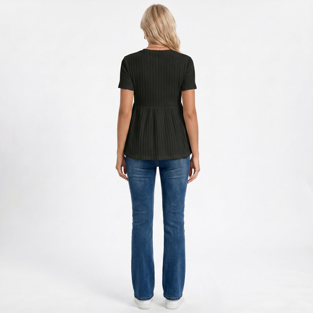 Anna-Kaci Women's Short Sleeve Rib Knit Peplum Maternity Top with Round Neck