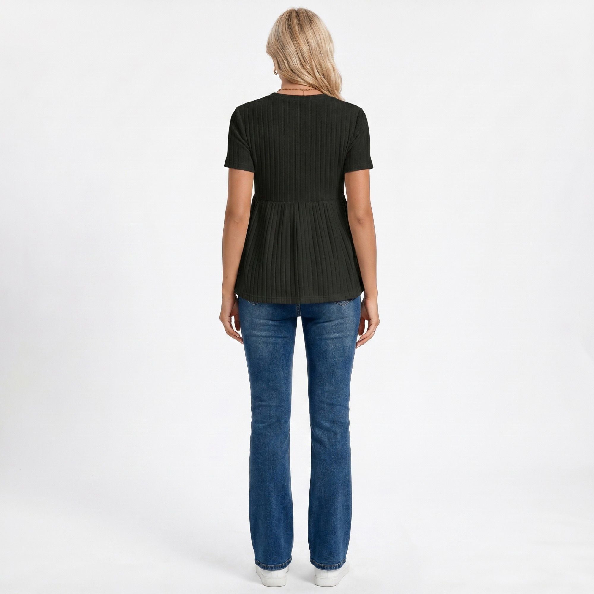 Anna-Kaci Women's Short Sleeve Rib Knit Peplum Maternity Top with Round Neck