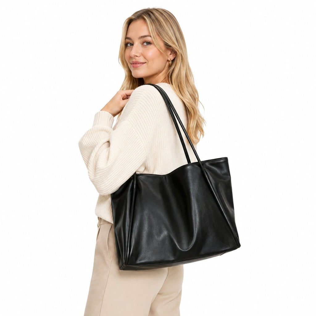 Large Faux Leather Tote Bag with Double Shoulder Straps and Magnetic Closure