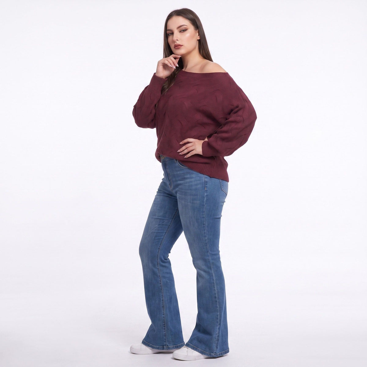 Plus Size Off Shoulder Cable Knit Pullover Sweater