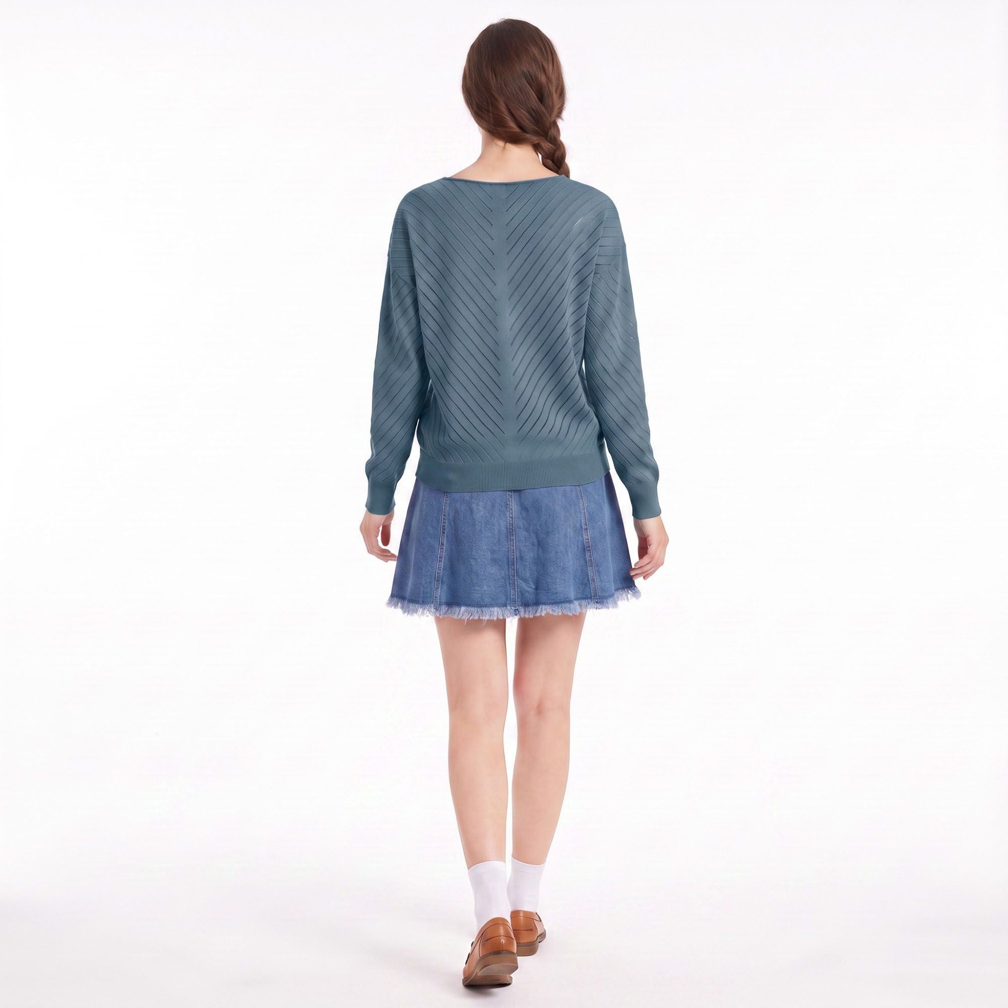 V-Neck Chevron Pointelle Knit Long Sleeve Sweater