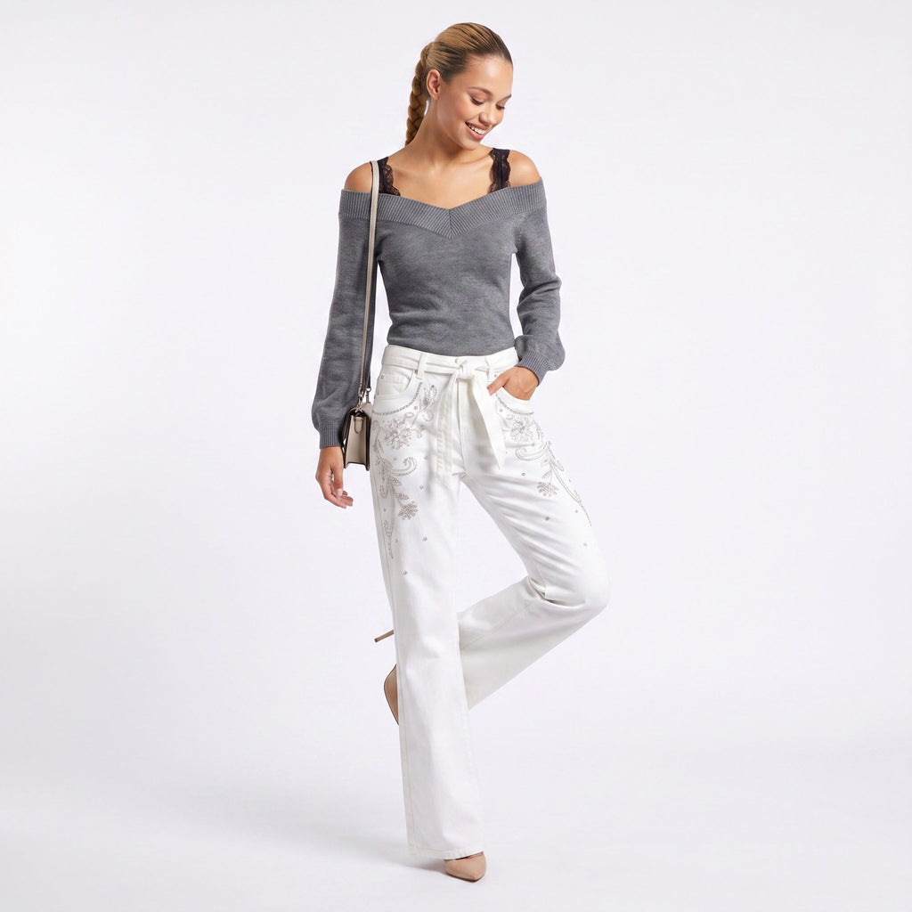 Off Shoulder Knit Sweater Long Sleeve Ribbed Pullover