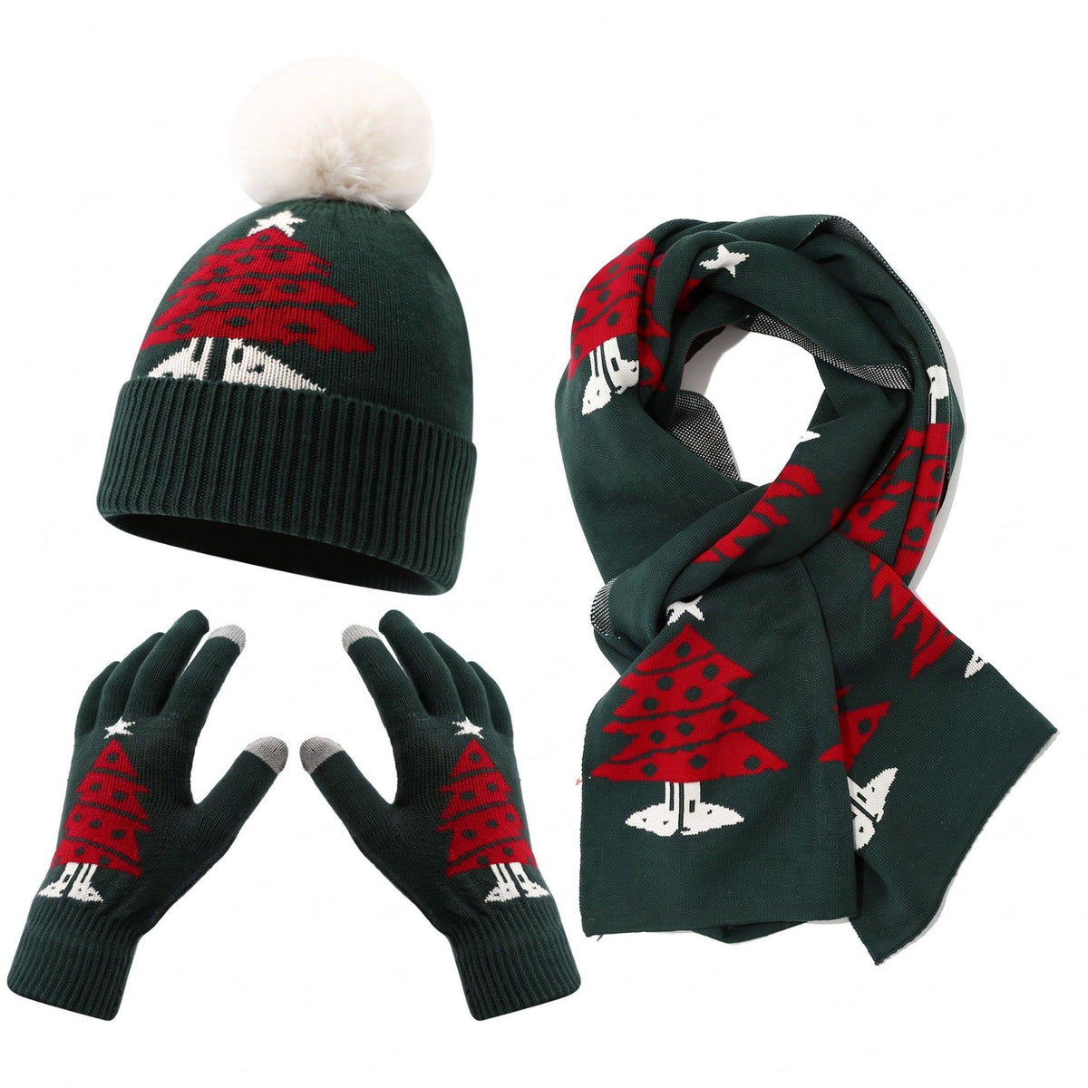 3 Piece Christmas Tree Beanie Scarf and Touchscreen Gloves Set