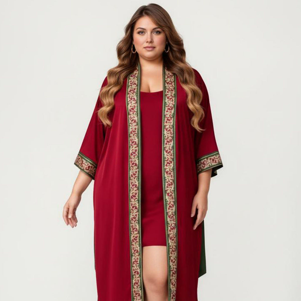 Anna-Kaci Lounge Women's Plus Size Satin Robe with Floral Trim Belted Kimono Sleeve Long Robe Sleepwear