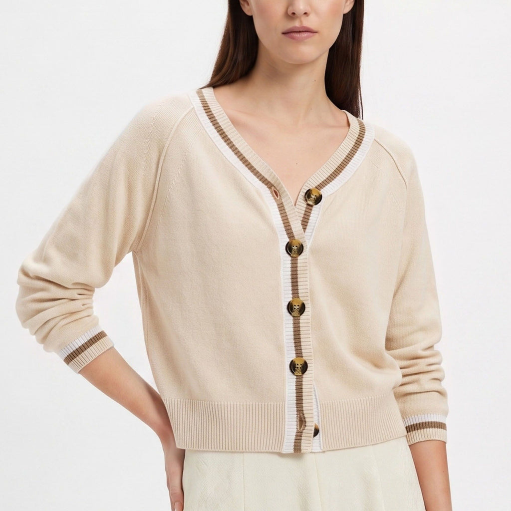 Contrast Stripe V-Neck Button-Front Knit Cardigan