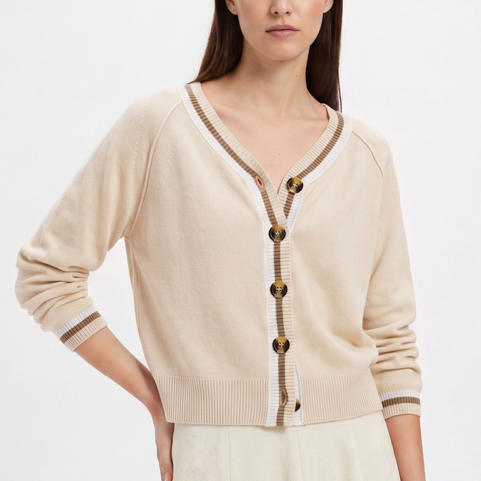 Contrast Stripe V-Neck Button-Front Knit Cardigan
