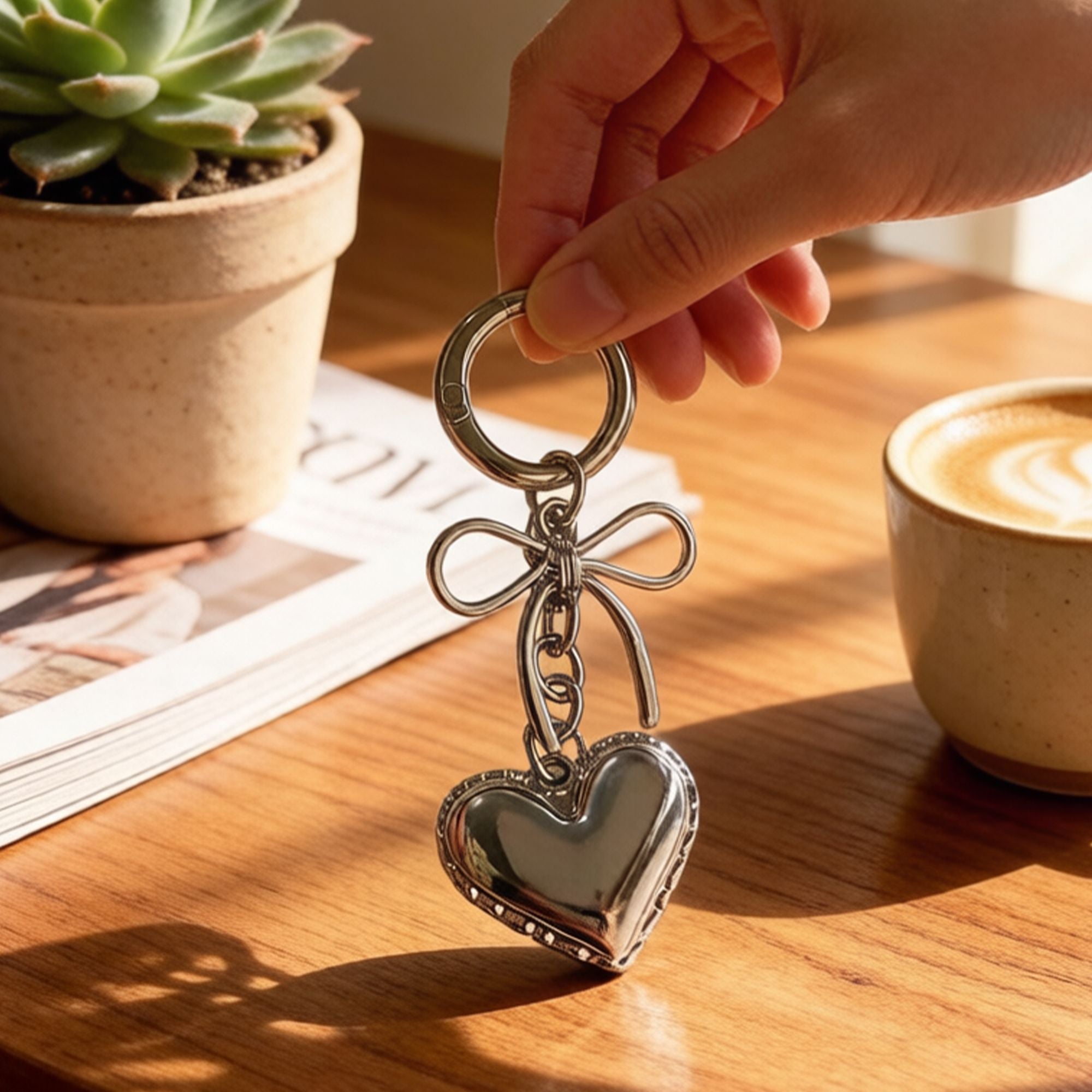 2 Pack Metal Heart Keychain with Bow Accent Clip and Polished Bag Charm Pendant